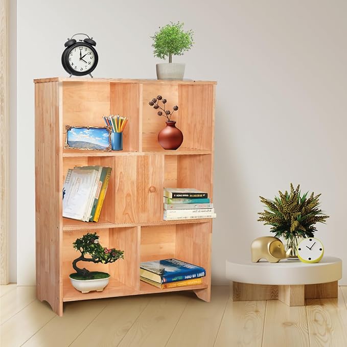 Natural Bookcase by Natural Wood, 7 Cube Bookshelf, Small Book Shelves Freestanding Display Storage Shelves. Open Bookshelf for Bedroom, Living Room and Office (Natural, 7 Cube)