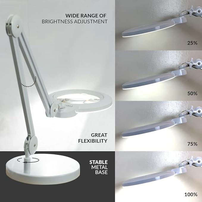 Neatfi XL Bifocal LED Magnifying Lamp – 7-Inch Acrylic Lens, 2.25x & 6X Magnification, 1,600 Lumens, Dimmable LED, Adjustable Arm, Hands-Free Close Work (White, with Base)