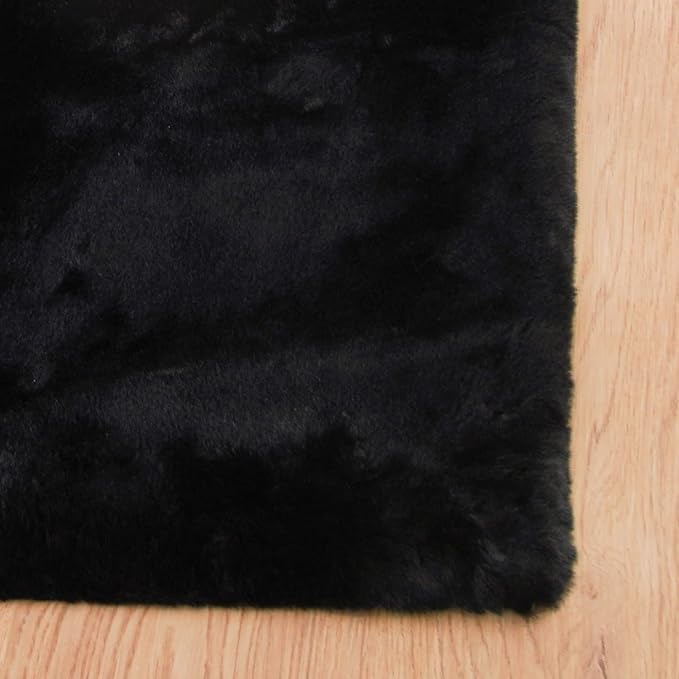 Faux Rabbit Fur Rug Machine Washable Area Rugs Black Fur Rug for Living Room Fuzzy Rugs for Bedroom Teen Room Decor Small Sheepskin 2x3 Rectangle Rugs