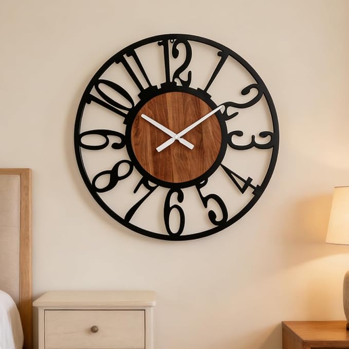 24 Inch Industrial Modern Vintage Wood Wall Clock with Iron Frame & Artful Cutout Numerals, Silent Non Ticking Battery Operated, Decorative for Farmhouse Living Room Home Décor Products