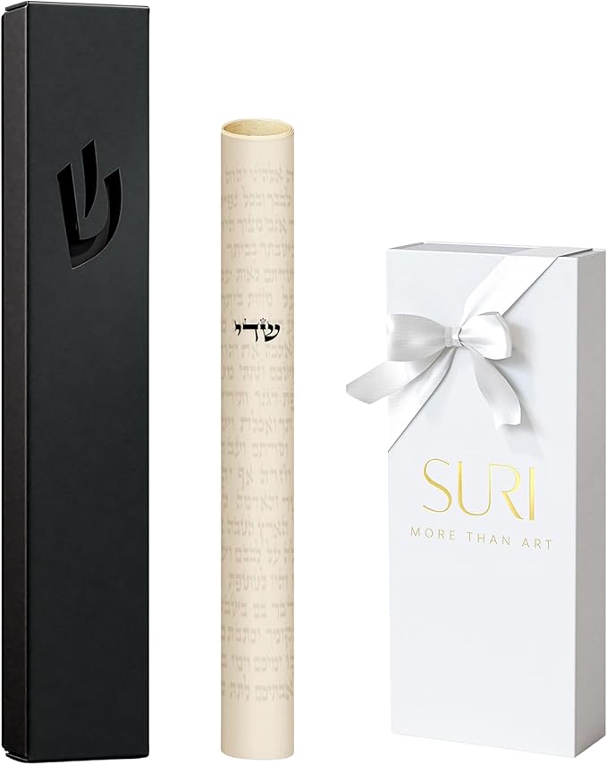SURI Mezuzah and Scroll – 5 Inch Black Aluminum Mezuzah Case with a Printed Scroll, Open-Back Design for Indoor Use, Self-Stick Adhesive, Fits a 4 Inch Mezuza Scroll, Gift Box Included