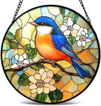 Bluebird Stained Glass Suncatcher – Tiffany Style Blue & Orange Bird Window Hanging, Round Glass Sun Catcher with Flowers for Home Window Decor, Nature Lover Gift