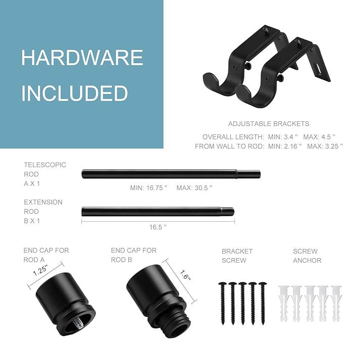 Curtain Rods for Windows 16 to 28 Inches Adjustable Length 1 Inch Diameter Window Curtain Rod with Aluminium Finials, Black