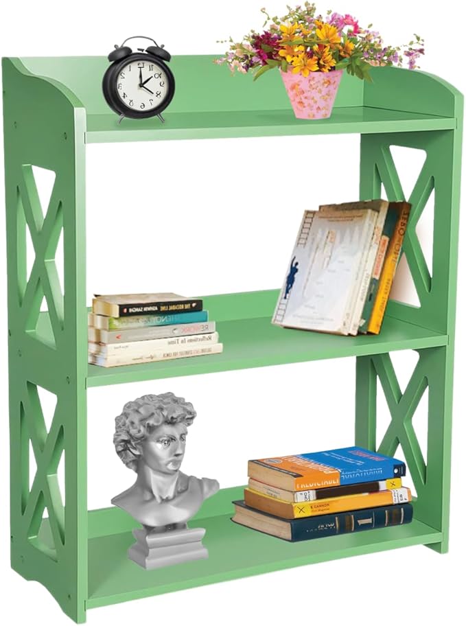 Green Bookcase by Natural Wood, 3 Tier Bookshelf, Small Book Shelves Freestanding Display Storage Shelves. Open Bookshelf for Bedroom, Living Room and Office (Green, 3 Tier)