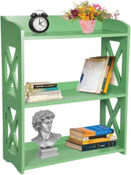 Green Bookcase by Natural Wood, 3 Tier Bookshelf, Small Book Shelves Freestanding Display Storage Shelves. Open Bookshelf for Bedroom, Living Room and Office (Green, 3 Tier)