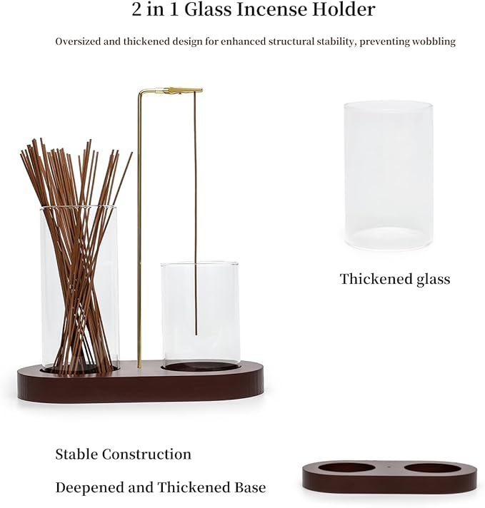 2 in 1 Glass Incense Holder for Sticks with 9-Hole Upright Burner, Ash Catcher, Brush & Greeting Card, Meditation & Yoga Accessories,Gift for Home Decor (Dark Base)