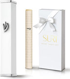 SURI Mezuzah Case for Door with Printed Scroll– 5.5 Inch White Aluminum Jewish Mezuza Cover, Self-Stick Adhesive, Fits a 5 Inch Scroll, Gift Box Included