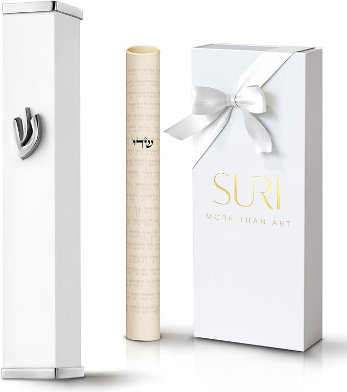SURI Mezuzah Case for Door with Printed Scroll– 5.5 Inch White Aluminum Jewish Mezuza Cover, Self-Stick Adhesive, Fits a 5 Inch Scroll, Gift Box Included