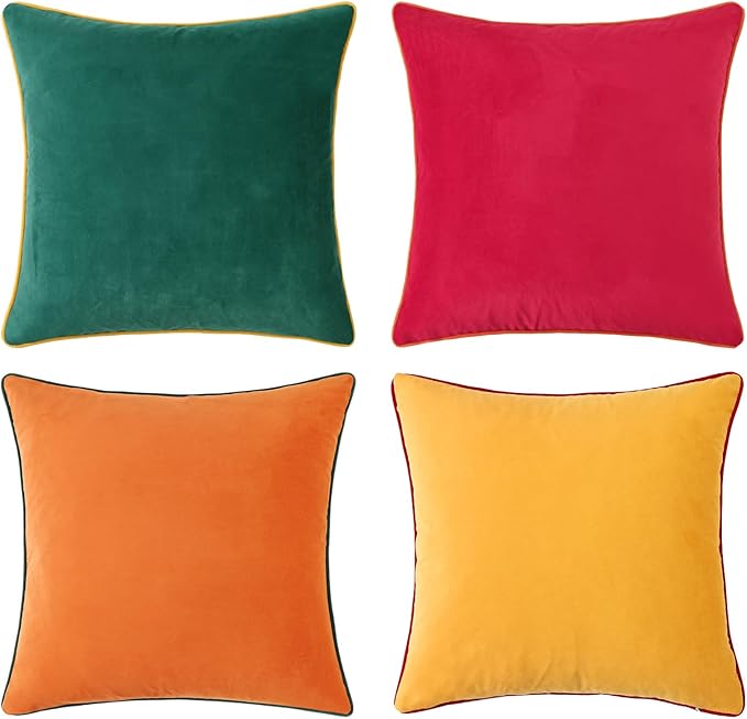 Mecatny Set of 4 Velvet Throw Pillow Covers 20x20, Soft Colorful Accent Decorative Couch Pillow Covers for Sofa Bedroom Living Room, Green/Red