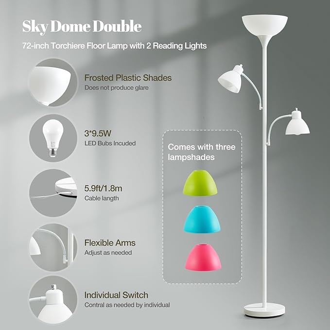 Luvkczc White Floor Lamp, 72" Tall Standing Floor Lamp with 5 Replace Lampshades, Torchiere Lamps with 8W Adjustable Reading Lights, Floor Lamps for Living Room, Bedroom, Office, Bulbs Included
