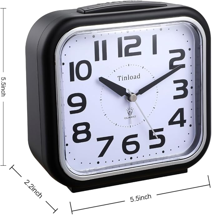 5.5" Large Analog Alarm Clock Silent Non Ticking, Gentle Wake, Beep Sounds, Increasing Volume, Battery Operated Snooze and Manual Light, Easy Set, Black (Best for Elder)