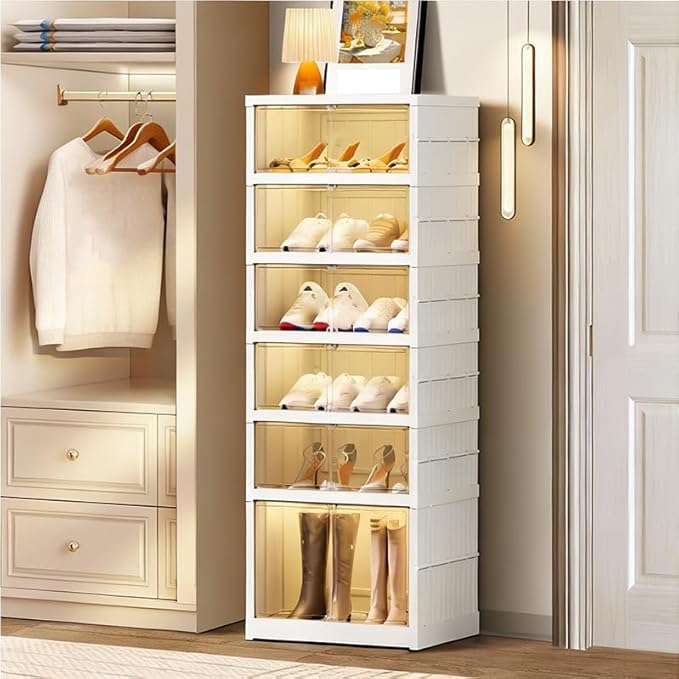 6Tier Foldable Shoe Rack Organizer for Closet,12Pairs Collapsible Plastic Shoe Shelf,Large Shoes Cabinet with Door,Clear Stackable Storage Box Easy Assembly,for Living Room (6Tier12Pairs Cream White)