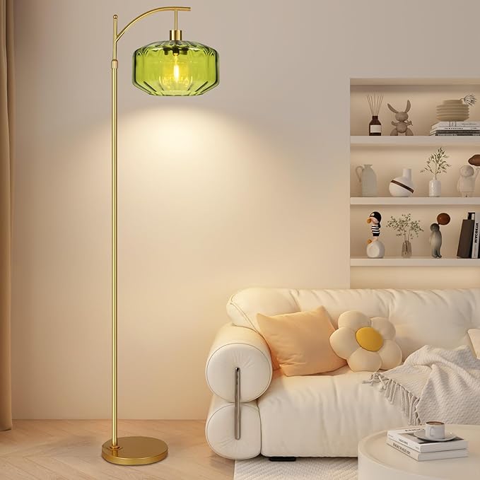 Gold Floor Lamps for Living Room Vintage Floor Lamp with Remote Control & Green Glass Lampshape,Dimmable Floor Lamp Mid Century Modern Standing Lamp Brass Tall Floor Lamps for Bedroom Corner