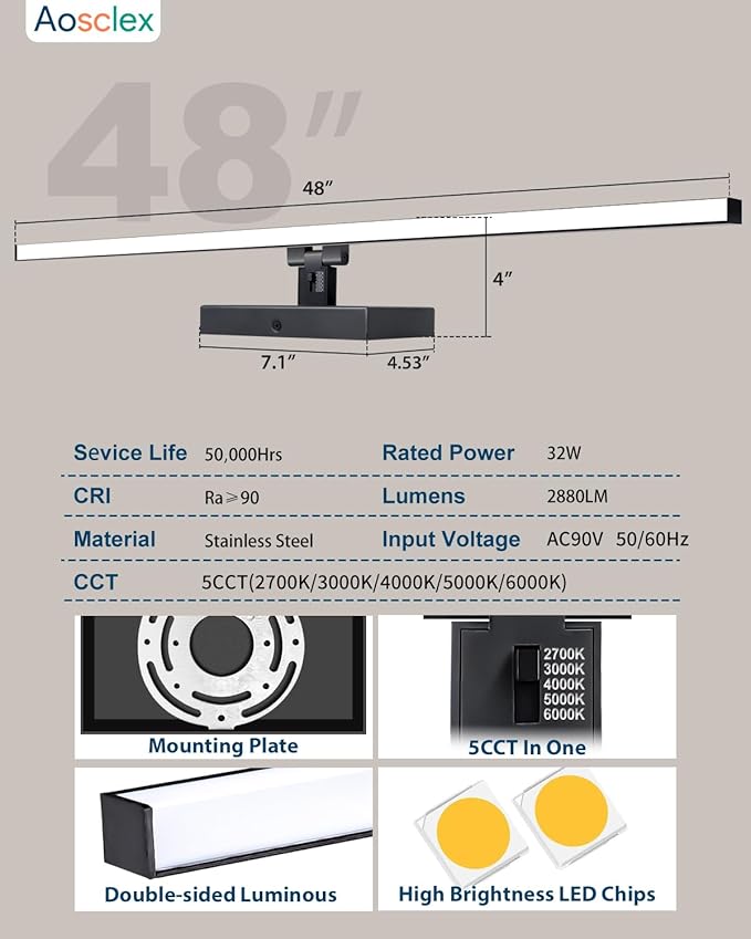 Bathroom Lights Over Mirror, 48 Inch 32W IP44 Black Modern Vanity Light, 5CCT Adjustable (2700K–5000K), Dimmable LED Light Fixture, Dual-Sided, 180° Rotatable Angle, ETL