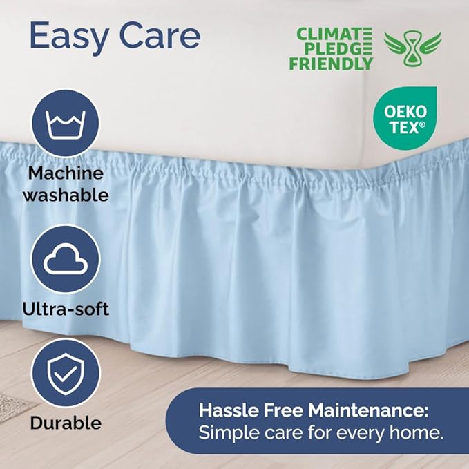 Wrap Around Dust Ruffle Bed Skirt - Light Blue - for Queen Size Beds with 12 Inch Drop - Elastic Strap - Adjustable Pleated Bedskirt with Brushed Fabric and Wrinkle Free - For Women, Men, Kids & Teens