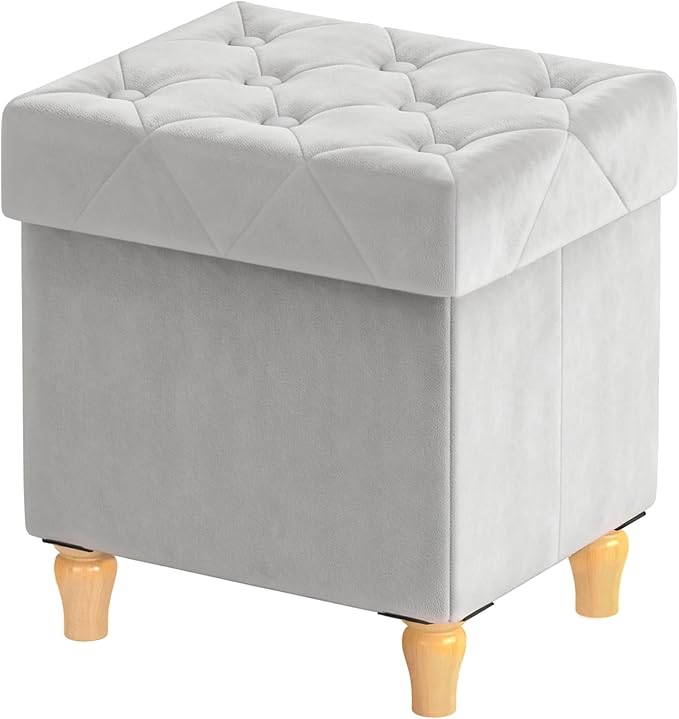CAROLMADE Folding Storage Ottoman Cube Velvet Footstool with Wood Legs Ottoman Footrest for Living Room and Bedroom, Grey 15"x12.6"x15.4”