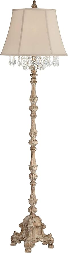 Barnes and Ivy Duval French Vintage Traditional Standing Floor Lamp 63.5" Tall Distressed Candlestick Crystal Glass Beading Cream Bell Shade Decor for Living Room Reading House Bedroom Home