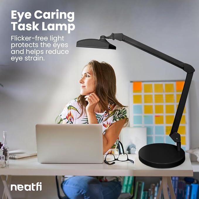 Neatfi LED Desk Lamp, 3,500 Lumens, 3 Light Modes, Dimmable, 45W, 26” Wide Shade, 540 SMD LEDs, Eye-Caring Task Lamp for Reading, Crafting, Workbench, Office (CCT with Base, Black)