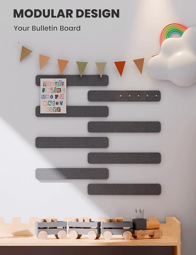 Fluxynara Cork Board Alternative Felt Strip Board 8-Pack 13"x2", Office Pin Board with 50 Push Pins, Adhesive Install for Bedroom Door & Home Office(Charcoal Gray)