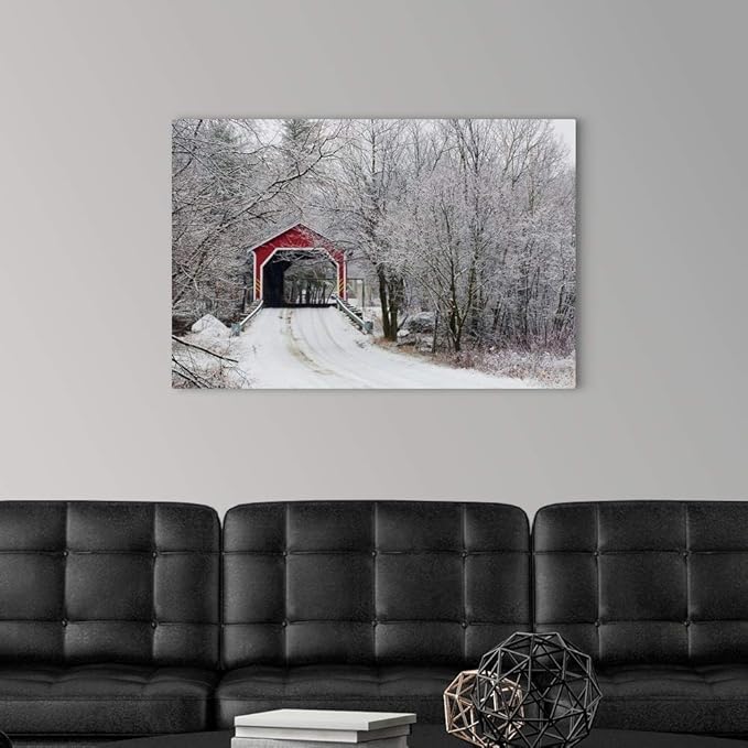 CANVAS ON DEMAND Red Covered Bridge in the Winter; Adamsville Quebec Canada Canvas Wall Art Print by David Chapman, Home Decor, Frost, Winter Artwork, 36"x24"