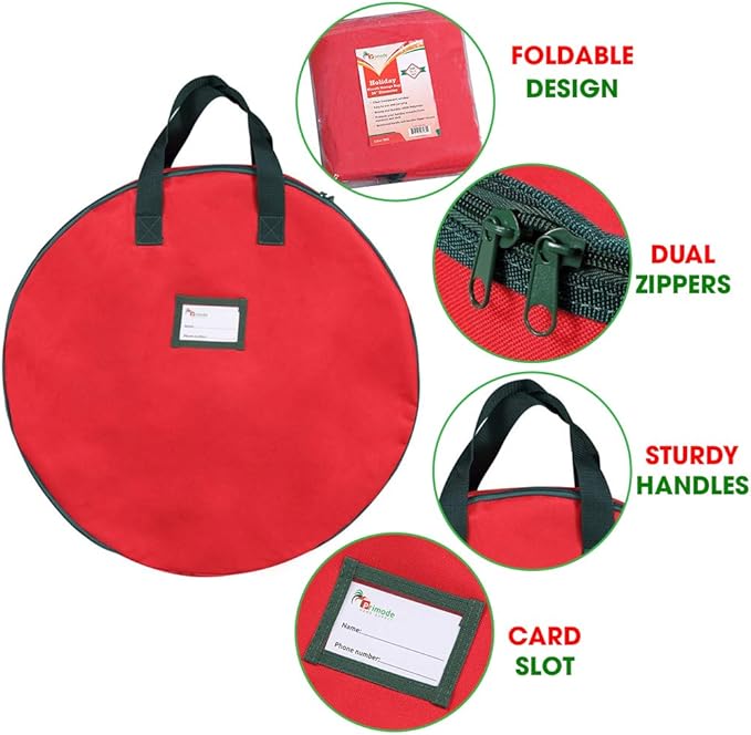 Primode Heavy Duty Wreath Storage Bag 30"- Garland Wreaths Container with Handles - Durable 600D Oxford Polyester Material Xmas Holiday Wreaths Storage Holder 30” (Red)