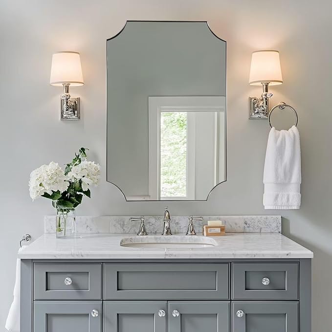 ANDY STAR Brushed Nickel Mirror 24x36 Inch, Scalloped Bathroom Mirror, Silver Vanity Mirror in Anti-Rust Stainless Steel Metal Thin Frame Deep 1’’, Wall-Mounted Mirror (Horizontal/Vertical)