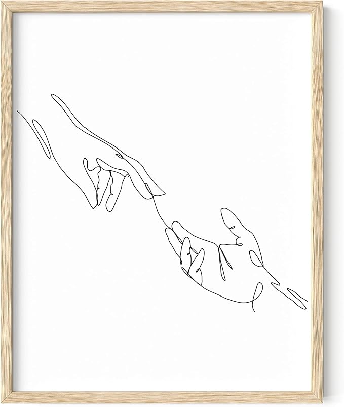 Minimalist Reaching Hands Wall Art Continuous Line Drawing Connection Symbol 11x14 Inch Oak Wood Beige Framed Aesthetic Modern Decor Print for Bedroom Living Room
