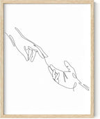 Minimalist Reaching Hands Wall Art Continuous Line Drawing Connection Symbol 11x14 Inch Oak Wood Beige Framed Aesthetic Modern Decor Print for Bedroom Living Room
