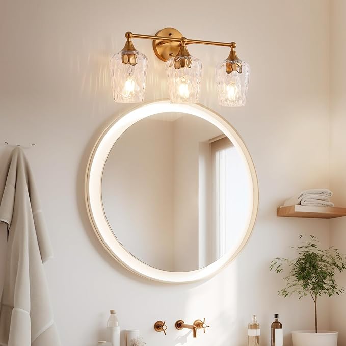 20 inch 3-Light Gold Vanity Light,Modern Wall Sconce with Rippled Glass Lampshade,Bathroom Lighting Fixture Over Mirror for Living Room,Bedroom,Hallway