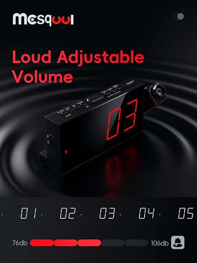 Mesqool Projection Alarm Clock, Digital Clock with 180° Rotatable Projector, 5-Level Brightness Dimmer, Clear LED Display, USB Charger, Progressive Volume, 9mins Snooze,12/24H, for Bedroom