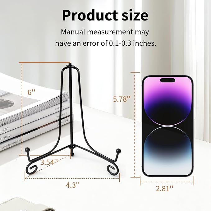 Iron Plate Stands for Display,Foldable Book Holder & Easel Stand for Sign, Versatile Poster Stand and Small Plate Stand for Home Decor, Art, Photo Frame, Card, Crystal Display (Black, 6 inch (4Pcs))