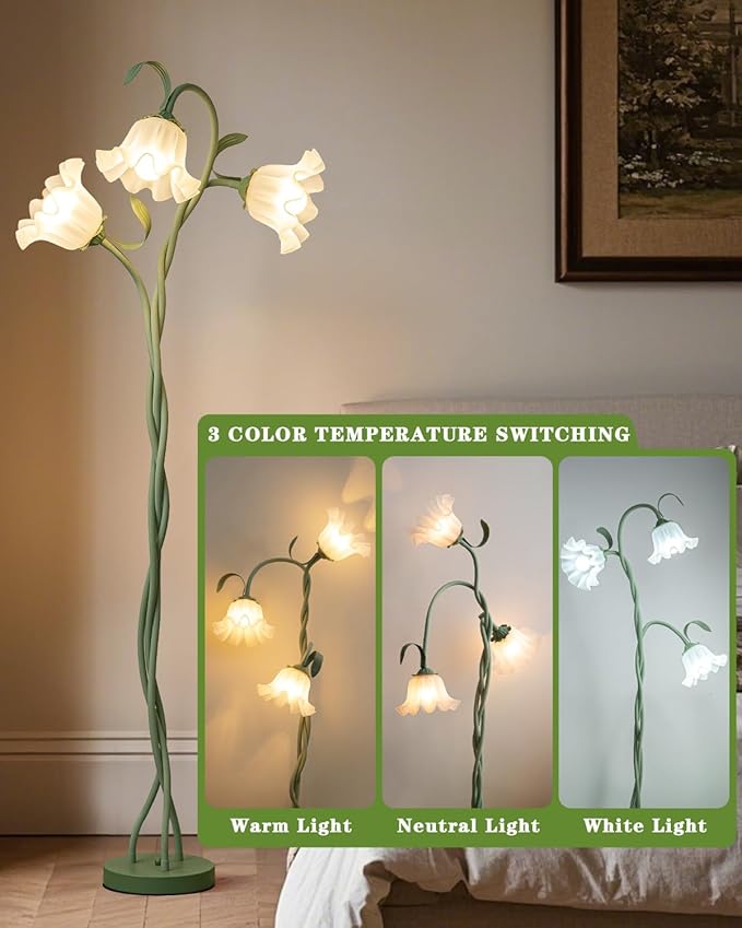 Flower Floor Lamp for Living Room,Tall Standing Reading Lamp with Flexible Neck,3 Color Temperatures LED Dimmable Decorative Light, Cute Floor Lamp for Bedroom Corner (Green)