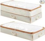 Under Bed Storage Container with Double Zippers, Foldable Oxford Fabric Organizer with Clear Top, Hard-Sided, Compressible Clothes & Blanket Bin, 32x16x11.4 Inch(2 Pack, Beige)