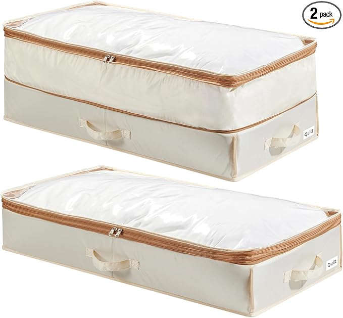 Under Bed Storage Container with Double Zippers, Foldable Oxford Fabric Organizer with Clear Top, Hard-Sided, Compressible Clothes & Blanket Bin, 32x16x11.4 Inch(2 Pack, Beige)