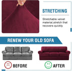 H.VERSAILTEX Sofa Cover 4 Piece T Cushion Sofa Slipcovers Thick Velvet Couch Cover Furniture Protector Stretch T Cushion Sofa Covers for 3 Cushion Couch with 3 Individual T Cushion Covers, Burgundy