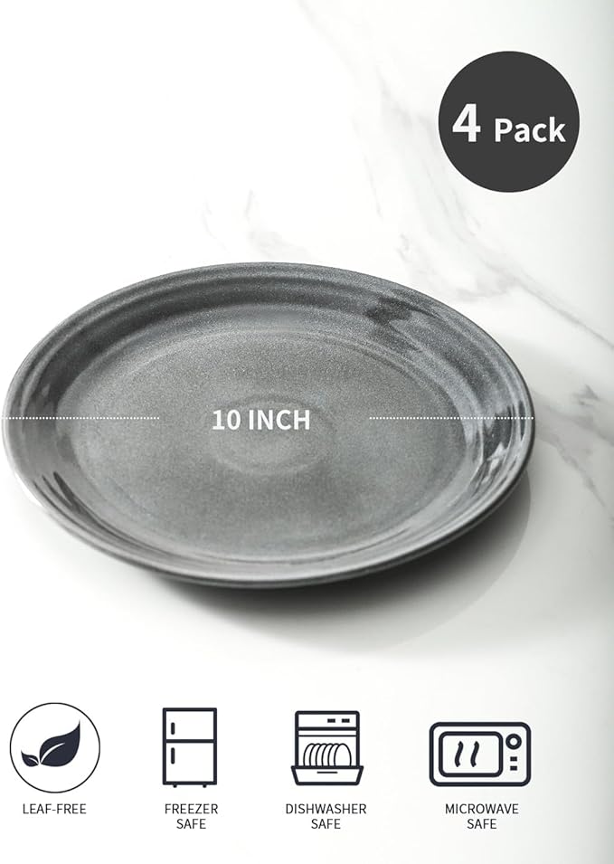 HASENSE Dinner Plates, 10 Inch Ceramic Serving Plates for Kitchen, Modern Round Dishes Set of 4, Scratch Resistant Salad Plates, Dishwasher and Microwave Safe, Grey