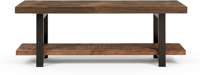 Pomona 48-Inch Entryway Storage Bench with Shelf – Solid Wood and Metal Accent Bench for Shoes, Hallway, Living Room, or Dining Room by Alaterre Furniture (Rustic Natural Finish)