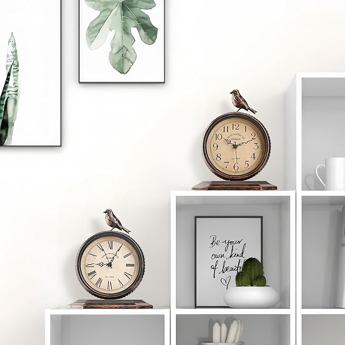 8-Inch Antique Mantel Clocks For Living Room, Retro Table Metal Silent Clocks For Fireplace, Easy To Read Decorative Mantel Clocks With Top Bird For Bedroom, Office, Desktop (Arabic Numerals)