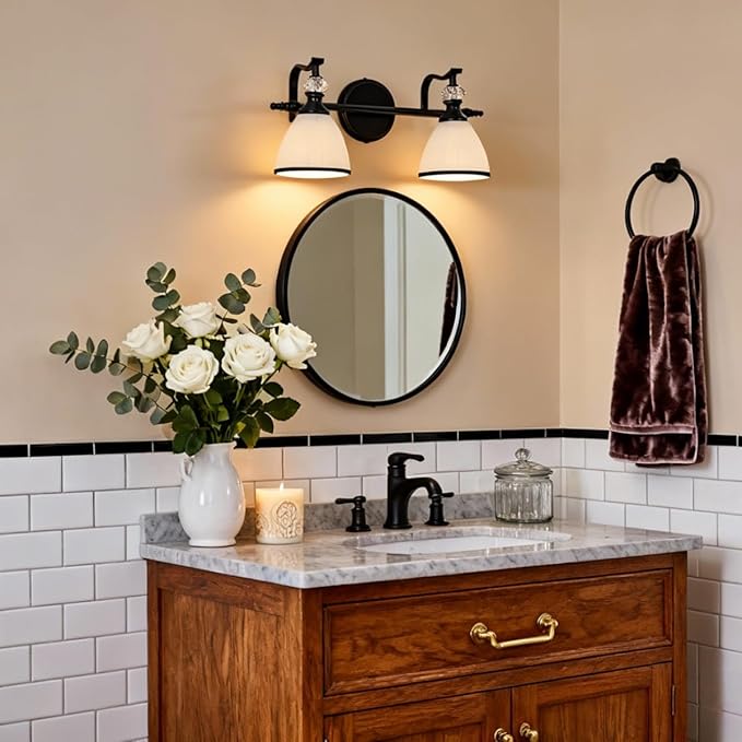 ANDY STAR Bathroom Lighting Fixtures Over Mirror, 2-Light Matte Black Vanity Light with Frosted Glass, Anti-Rust Metal Framed Bathroom Wall Lamp Sconces for Mirror Bedroom, Living Room Hallway