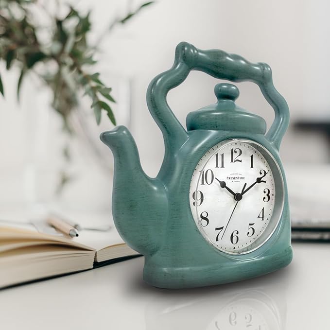 Presentime & Co. 11" Teapot Clock, Silent Non Ticking, Modern Farmhouse Style, Wall & Mantel 2 in 1 Clock, Desk & Shelf, Aged Teal Finish (Wall Deocration/Home Decoration/Tabletop Décor)