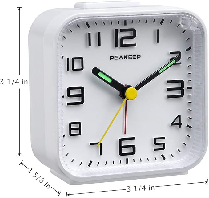 Peakeep 3D Numbers No Tick-Tock Analog Alarm Clock with Classic Beep Sound, Snooze, Manual Light and Battery Powered Small for Travel (White-3D)
