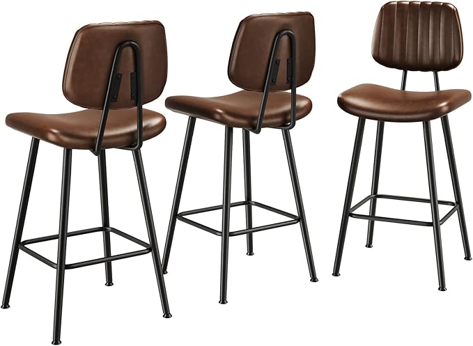 24-Inch Leather Bar Stools Set of 3, Counter Height Barstools with High Backrest，Bar Chairs for Kitchen Island with Heavy Duty Metal Legs, Dark Brown