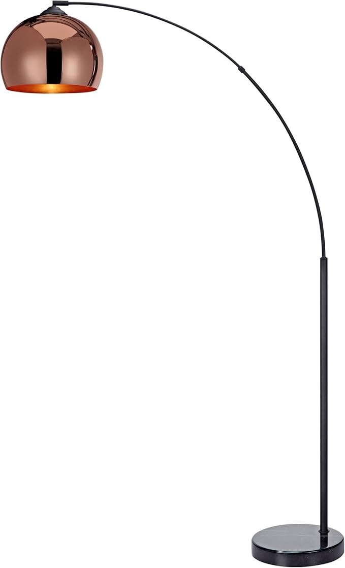Teamson Home Arquer 66.93" Arc Floor Lamp for Living Rooms, Home Offices, Dining Rooms, Bedrooms with Faux Black Marble Base and Rose Gold Bell Shade