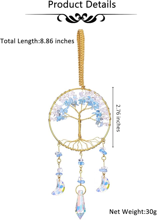 CrystalTears Crystal Tree Life Hanging Ornament Handmade Aquamarine Clear Quartz Healing Crystal Gemstone Glass Suncatcher for Home Window Wall Decoration Crystal Gifts for Women Men Friends