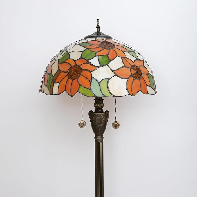 Tiffany Floor Lamp Sunflower Yellow Stained Glass Floor Light Bright Lighting Rustic Standing Lamp Vintage Unique Bronze Reading Corner Lamp for Home Decor Living Room Bedroom 16X16X64 Inches