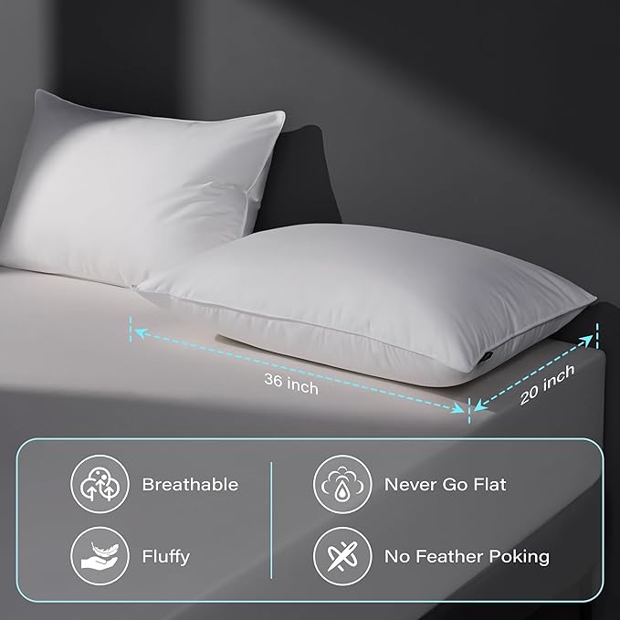Goose Feather Down Pillow King Size Set of 2, Firm Hotel Collection Bed Pillows for Sleeping, 2 Pack, Down Surrounded Pillows for Side Sleepers 20 x 36 in.