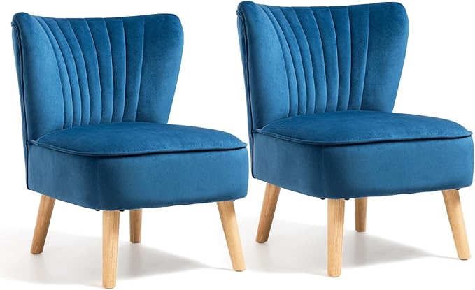 KOMFOTT Velvet Accent Chair Set of 2, Modern Armless Sofa Chair with Solid Rubber Wood Legs, Wingback Leisure Chair with Thick Cushion, Upholstered Side Chair for Living Room, Bedroom, Blue