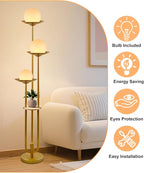 Lightdot Globe Floor Lamp with Shelf 3-Lights Modern Dimmable Floor Lamps for Wedding/Party, 3000K Warm White Bulbs Included, Gold Tall Standing Lamp for Living Room/Bedroom/Sofa Beside/Corner Decor
