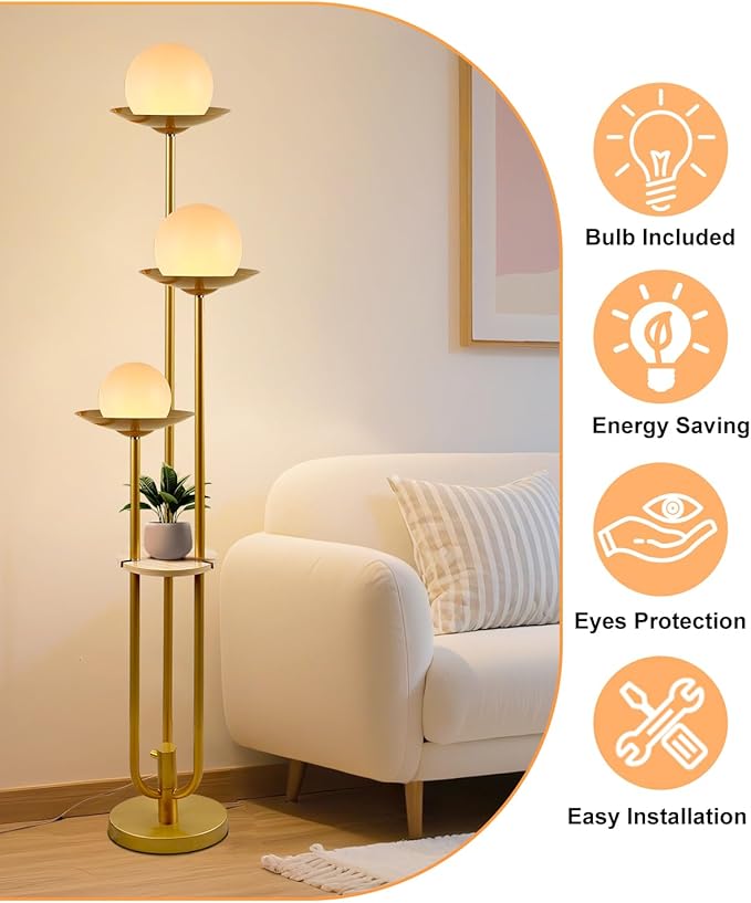 Lightdot Globe Floor Lamp with Shelf 3-Lights Modern Dimmable Floor Lamps for Wedding/Party, 3000K Warm White Bulbs Included, Gold Tall Standing Lamp for Living Room/Bedroom/Sofa Beside/Corner Decor