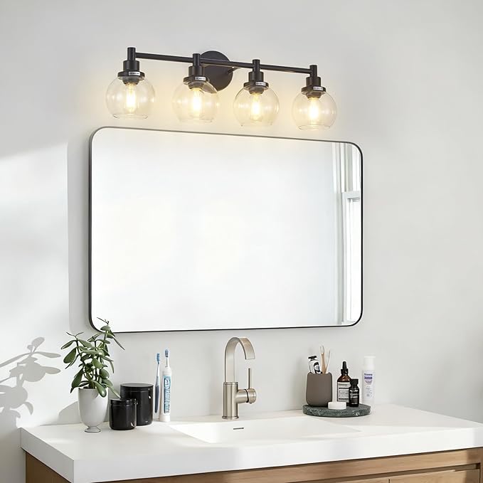 4-Light Bathroom Light Fixture Black Vanity Lights Over Mirror Modern Wall Sconce Farmhouse Vintage Bathroom Vanity Lighting with Glass Shade for Bedroom Hallway Cabinet Bathroom